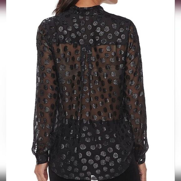 JLO Shimmering Crossover top Polka Dot Blue Long Sleeves Drape Front Blouse Sz L - Picture 2 of 10